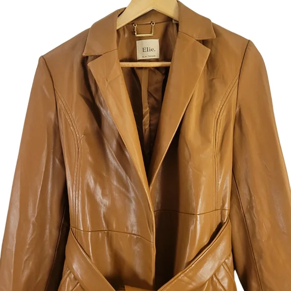 Elie Tahari Women Size M Trench Coat Faux Leather Tan Quiet Luxury Spring Preppy - Picture 3 of 7